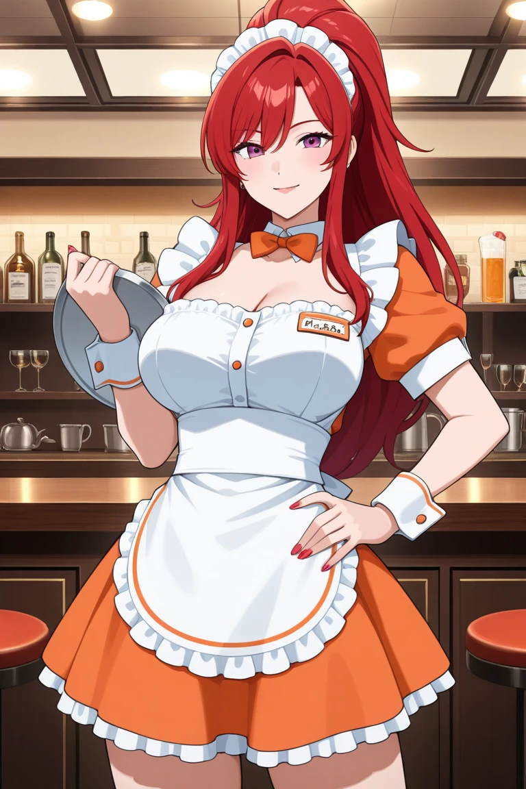 masterpiece, best quality, highly detailed background, perfect lighting, best quality, (extremely detailed face), volumetric lighting, intricate details, shadow, tonemapping, sharp focus, hyper detailed, trending on Artstation, (solo) ((Looking at the viewer)) (long red hair) (Hair over face) (only one eye visible) (curvy) (Big breasts) (pink ) (cat costume) (transparent clothes)((Blue eyes)) ((human)) (sexy pose) (in the bar) (smile)