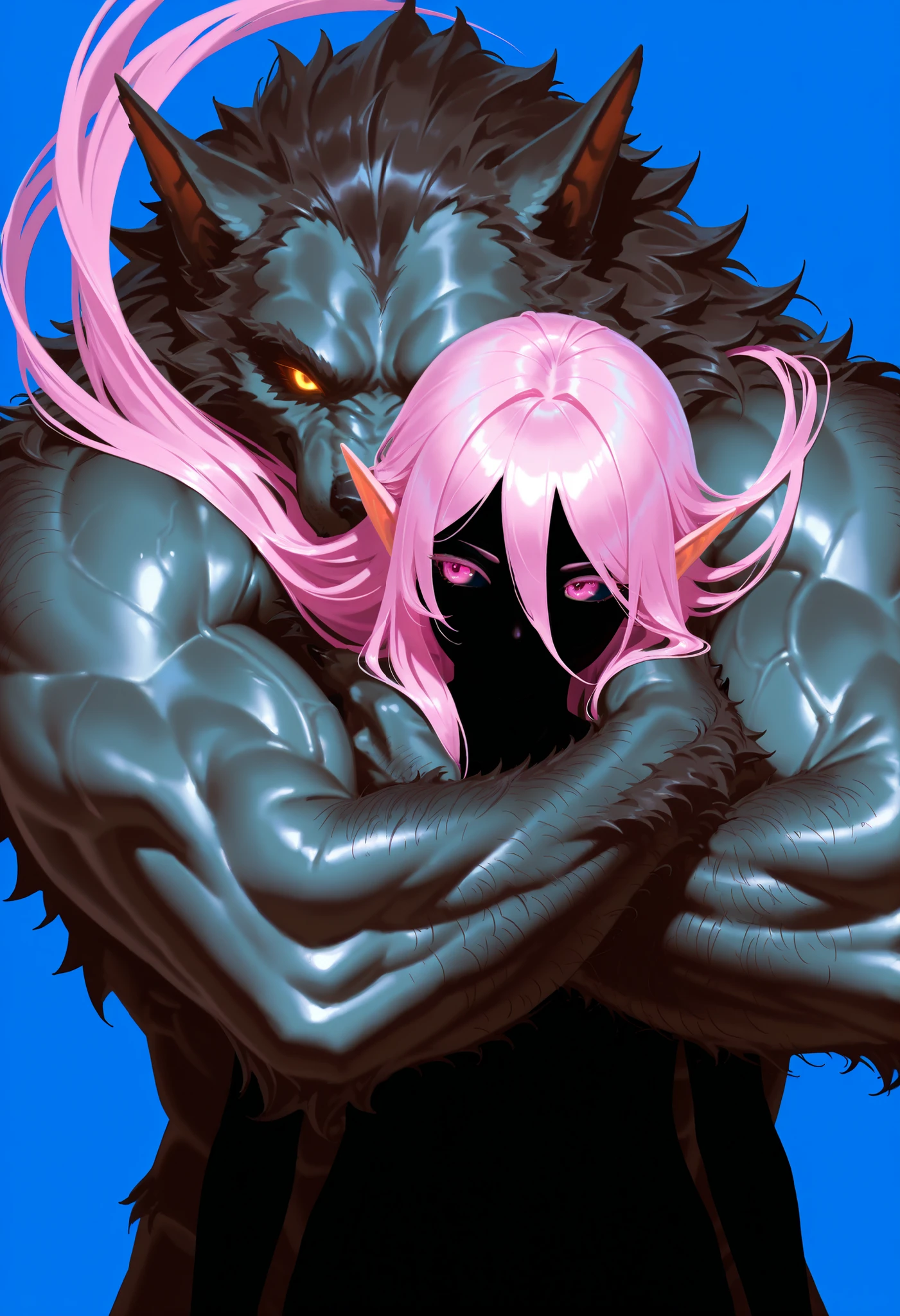 portrait,VERY CLOSE,Flowing hair, A pink-haired elf,pointy ears,detailed eyes shiny skin,sexy,curbilinea ,standing,Strong Pose,..silhouette of a hairy werewolf,size difference,claws,Hug from behind,Muscular, Black Silhouette Art, blue background,