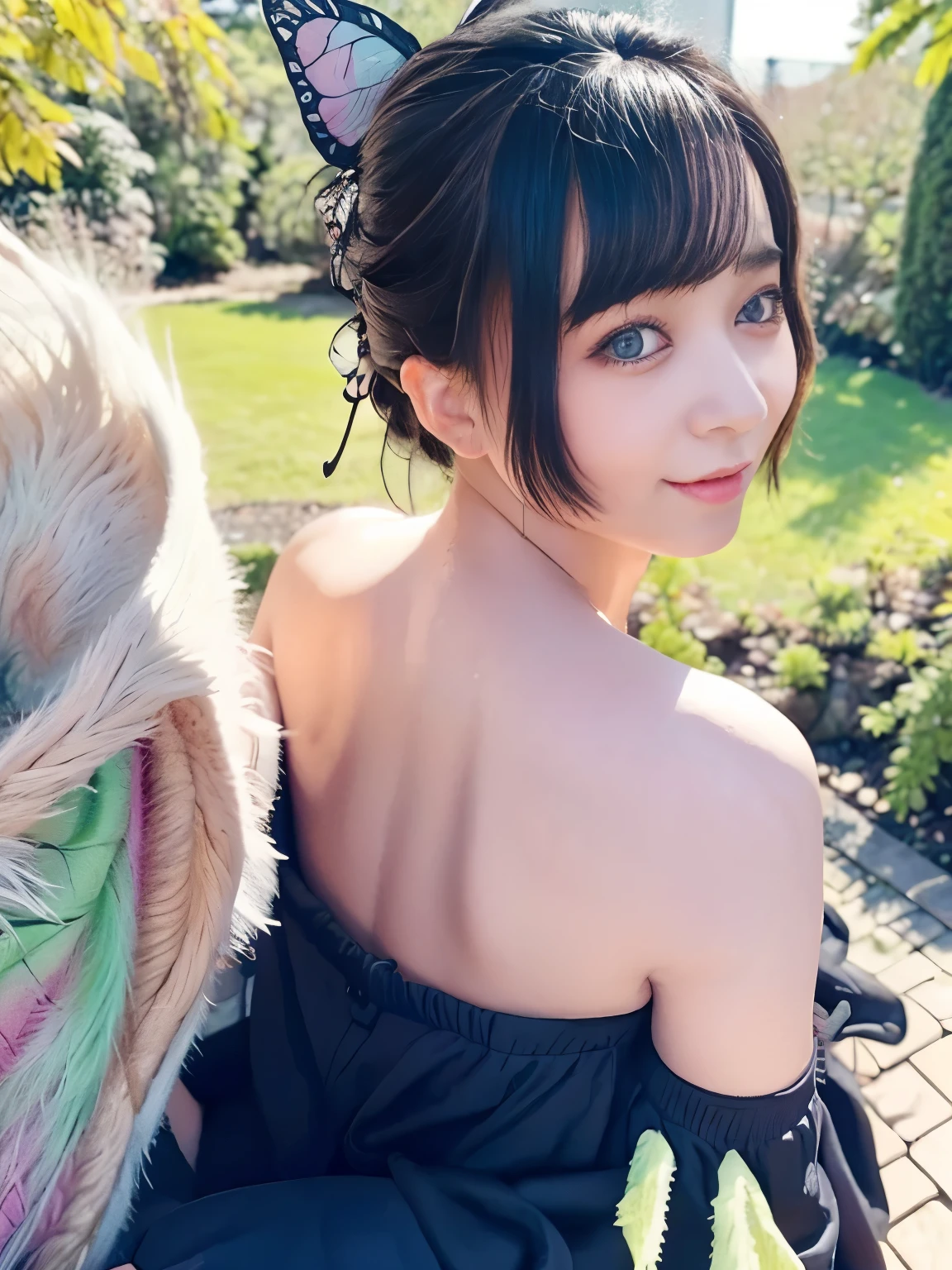Ultra Realistic 8k CG ,masterpiece,(( highly detailed background , Delicate Eye and Face Patterns , accurate details )),Highest Quality, very knowledgeable person々 ,high definition eyes and face,high definition eyes , Nobe Kotori , colorful hair , no bangs , hair intake , dark eyes, cap, Black Shirt , black panties,(bikini), butterfly ,,( TREPICAL GARDEN :1.2), purple flower , Generally Cloudy Skies ,Sunshine, Tyndall phenomenon,slope_heaven,beautiful sky from a light source,Sabre on waist,Charming Poses,( Big Bare Breasts and Nipples :1.3),( Off Shoulder Costume:1.5),smile, back view , buttocks sticking out