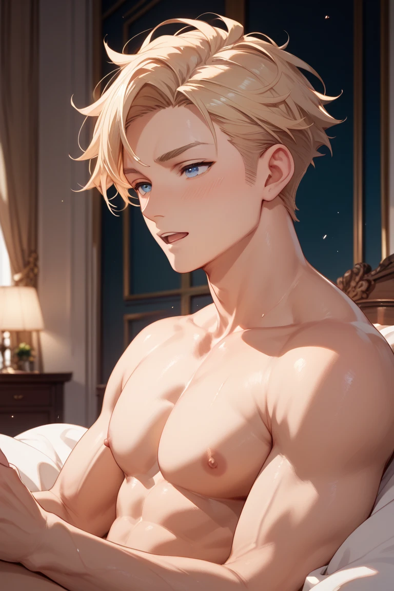 (((I want a man alone, short light blonde hair with a big fringe on his face, serene light blue eyes, a slightly effeminate but detailed and beautiful face, muscular body, being completely naked and his dick hard and a shy expression, being in the back room)))