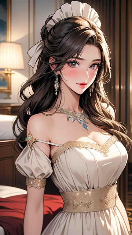 1girl, solo, masterpiece, best quality, detailed face, perfect face, perfect eyes, big eyes, ganrealistic eyes, bright pupils, (evil smile:1.2), long eyelashes, looking at viewer, big breast, (cleavage), golden, jewelry, shiny skin, (mature female, large breasts), realistic, royal dress, queen, tiara, fantasy, crown, chain, sitting on throne, (robe:0.8), fur,