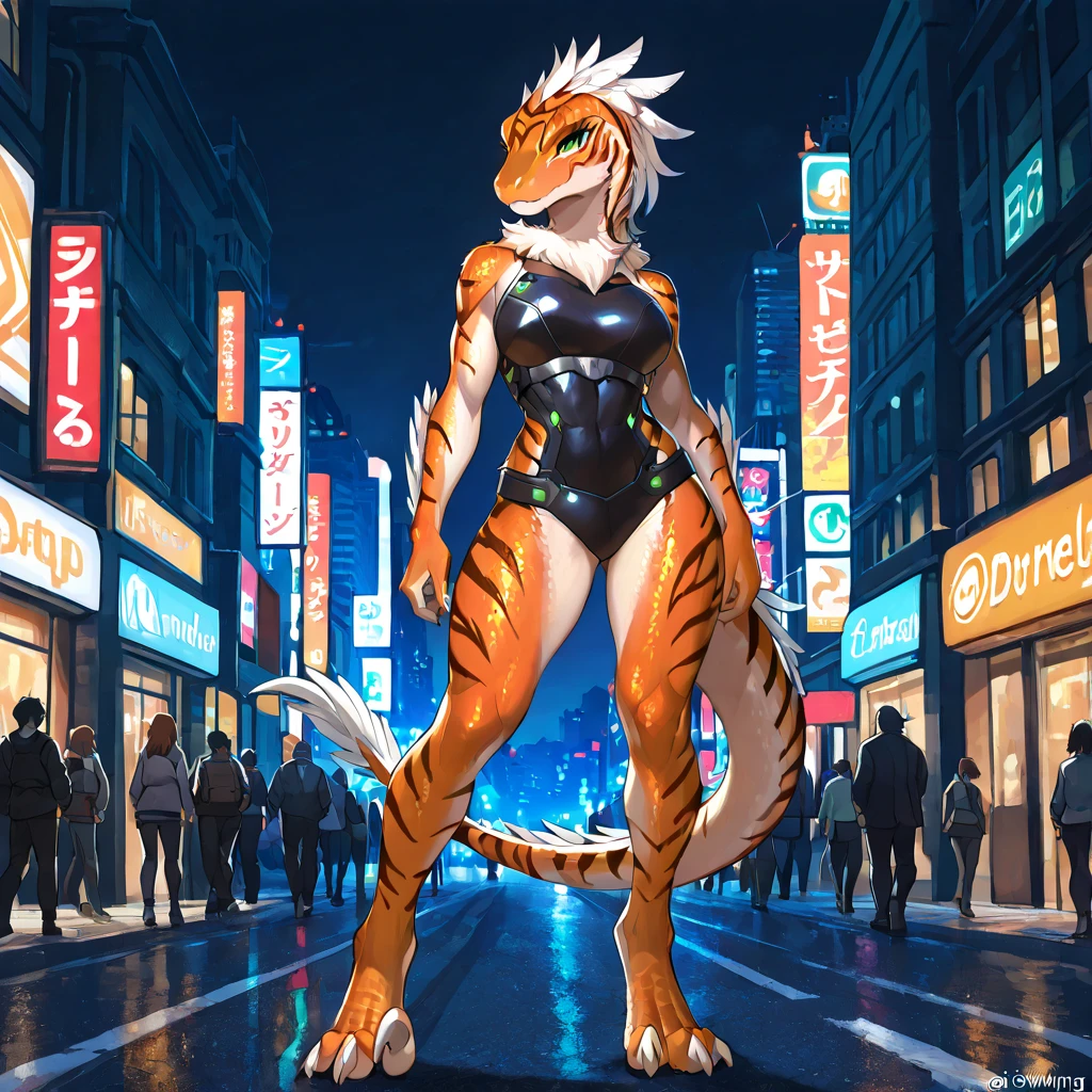 masterpiece, best quality, anime style, anime shading, full body picture, athletic body type, centered, three-quarters view, 1girl, anthro raptor, (sickle claws), female raptor, feathered dinosaur, deep orange scales, white feathers, green eyes, perfect eyes, digitigrade legs, white metal claws, tiger stripes, wearing dark body armor, wwaring leg armor, standing in a city street, at night, bare shoulders,