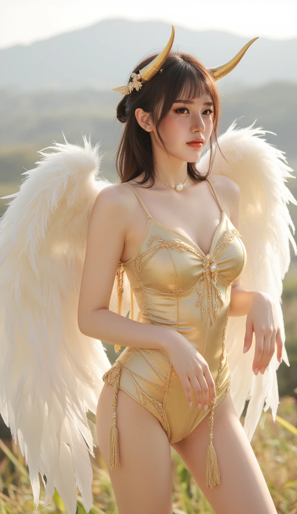 ((beste-Qualit、masterpiece:1.3)), fullllbody, the Long legs, foco nítido:1.2, Cute woman with perfect body shape smiling face:1.4, Slender Abs:1.1, ((dark brown hair、hugetits:1.2)), (see-through sexy dresses、White veil、White latex long gloves、White Thigh Boots、Angel wings、 is standing:1.2), ((flowers fields:1.3)), Highly detailed facial and skin texture, A detailed eye, 二重まぶた、hugetits、I can see up to my toes