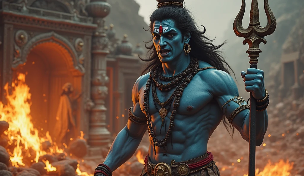 a powerful huge body, huge arms, muscular lord shiva, light blue tinted night sky with cloudy moon, lord shiva, throwing trishul towards the viewer,, closeup shot, extremely detailed skin and well detailed eyes (best quality,4k,8k,highres,masterpiece:1.2),ultra-detailed,(realistic,photorealistic,photo-realistic:1.37),dramatic lighting,cinematic composition,intricate details,vibrant colors,mystical atmosphere, fire and foggy blurry environment , dynamic action