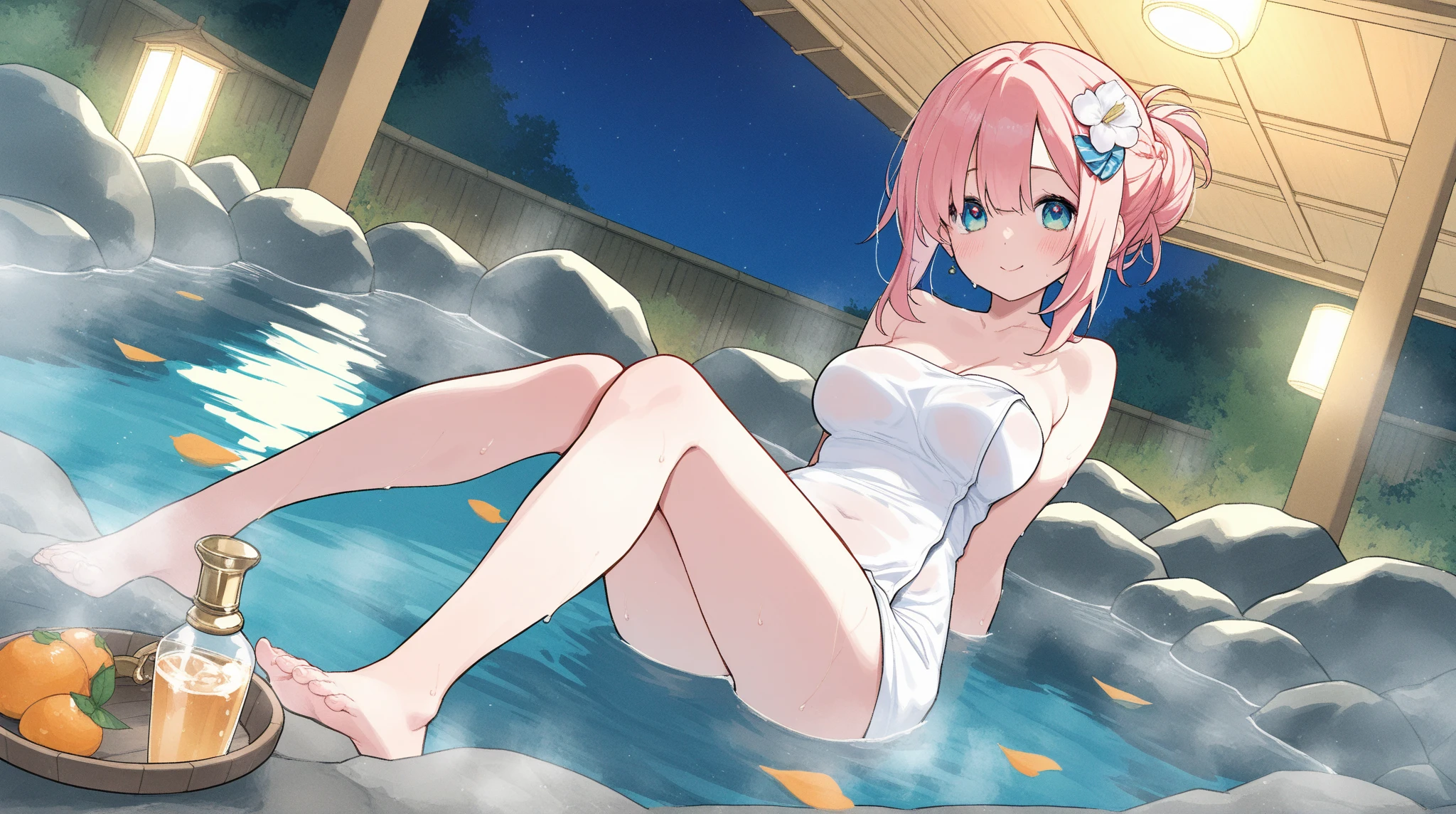 1 girl(white pareo, pink hair, half side up hair, flower hair clip, red eye, barefoot), sea side, 海の家,