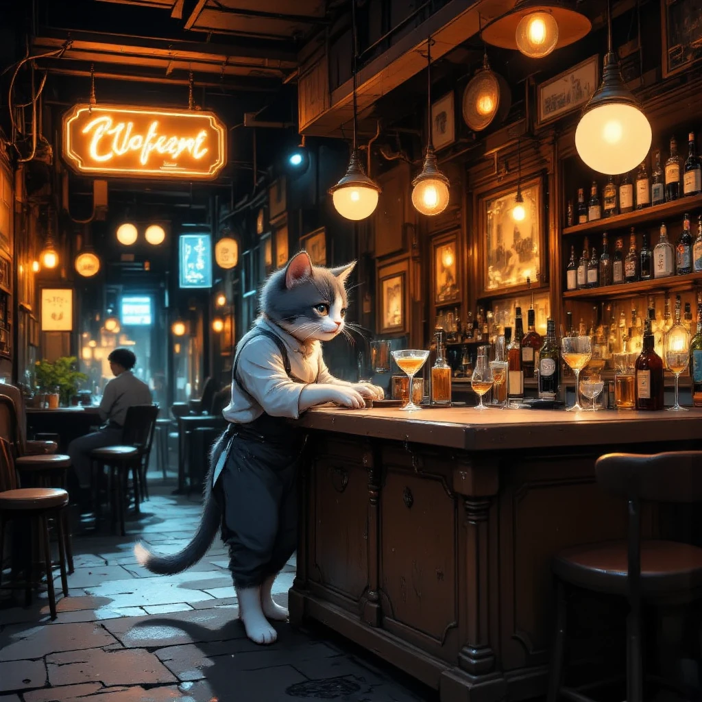  hideout, bar,vintage,cat bartender,1boy is Rei