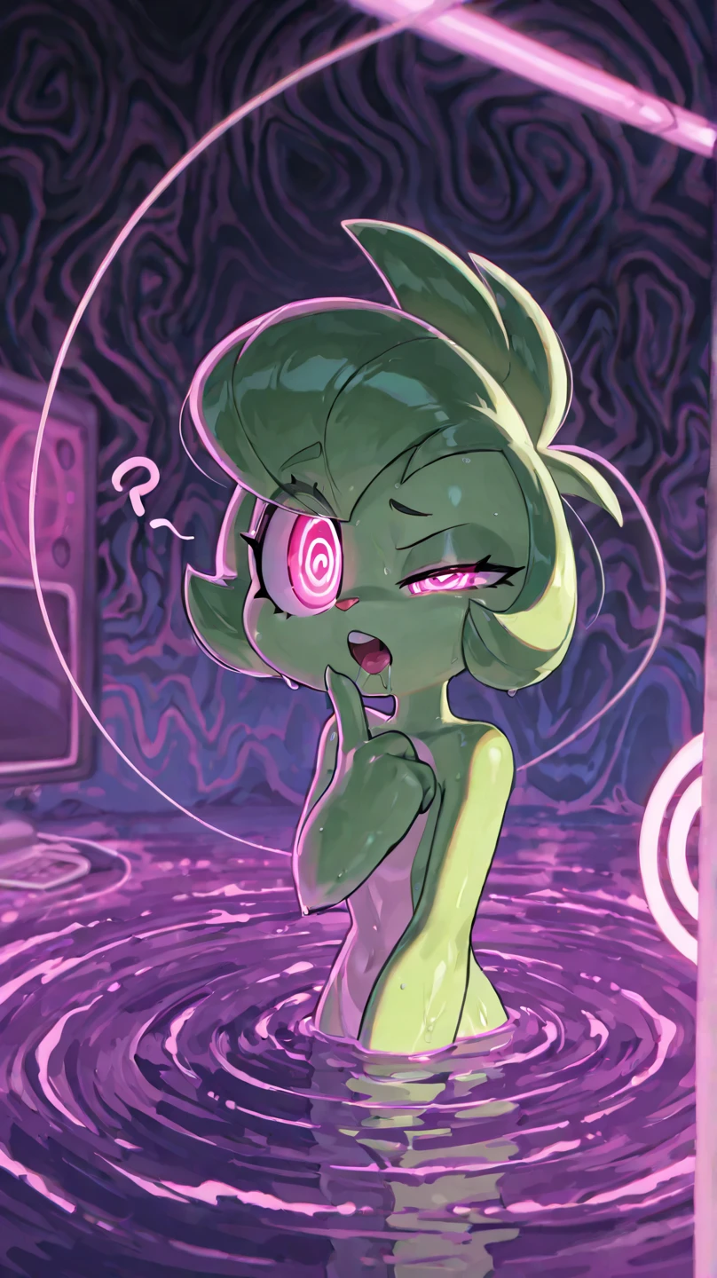 a cartoon girl with green hair and a purple bikini, cell shaded adult animation, piel de color verde!!, piel de color verde, cel - shading art style, piel verde!, piel verdened, piel verdosa, sombreado de celdas, lucio como mujer, mujer humanoide reptil caliente, aura brillante a su alrededor, ella Hulk, brillos verdes, full of greenish liquid