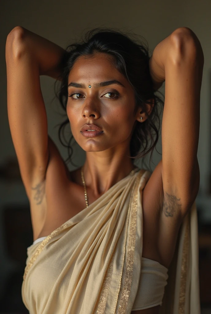 Looks like Anushka Shetty, a photo portrait of a beautiful girl 40 years old, with curls, styled black hair, (face portrait:1.5), dramatic light, Rembrandt lighting scheme, bust shot, linen tank top , top quality editorial photograph, skin texture, skin pores, chocolate skin, high quality skin, top quality photography, professional photography, professional retouching, insane detailing, warm moody tones, modern clothes, highly detailed armpits,