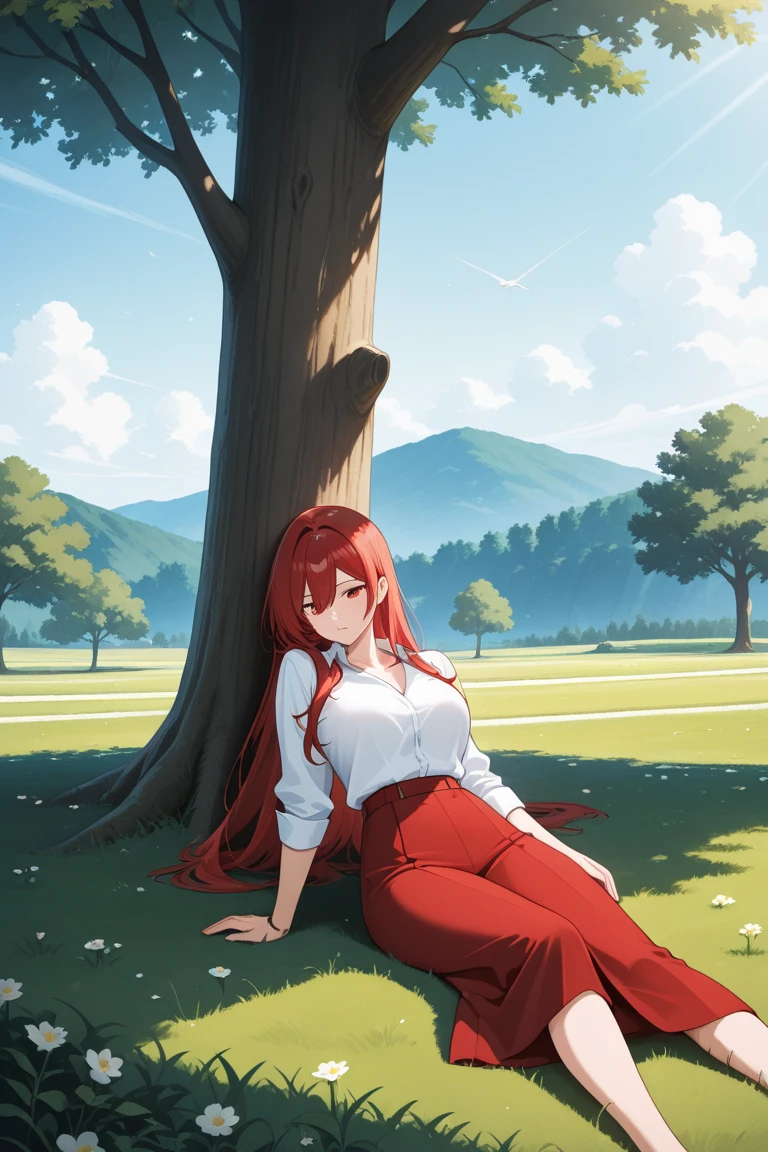 score_9, score_8_up, scscore_9, score_8_up, score_7_up, score_6_up, Iris Midgar, red hair, long hair, braid, red eyes, BREAK (masterpiece:1.2), best quality, high resolution, (detailed eyes:1.3), perfect lighting, (perfect hands, perfect ???????), large breasts, stocking, 1girl, grass, solo, barefoot, sitting, breasts, mountain, sunset, dress, bare_shoulders, outdoors, looking_at_viewer, off_shoulder, field, sky, lake, collarbone, mountainous_horizon, indian_style, twilight, tree, black_dress, large_breasts, scenery, feet, off-shoulder_dress, rock, hollow eyes, red eyes, looking at viewer. heavy breathing, embarrassed, blush face, steaming face,