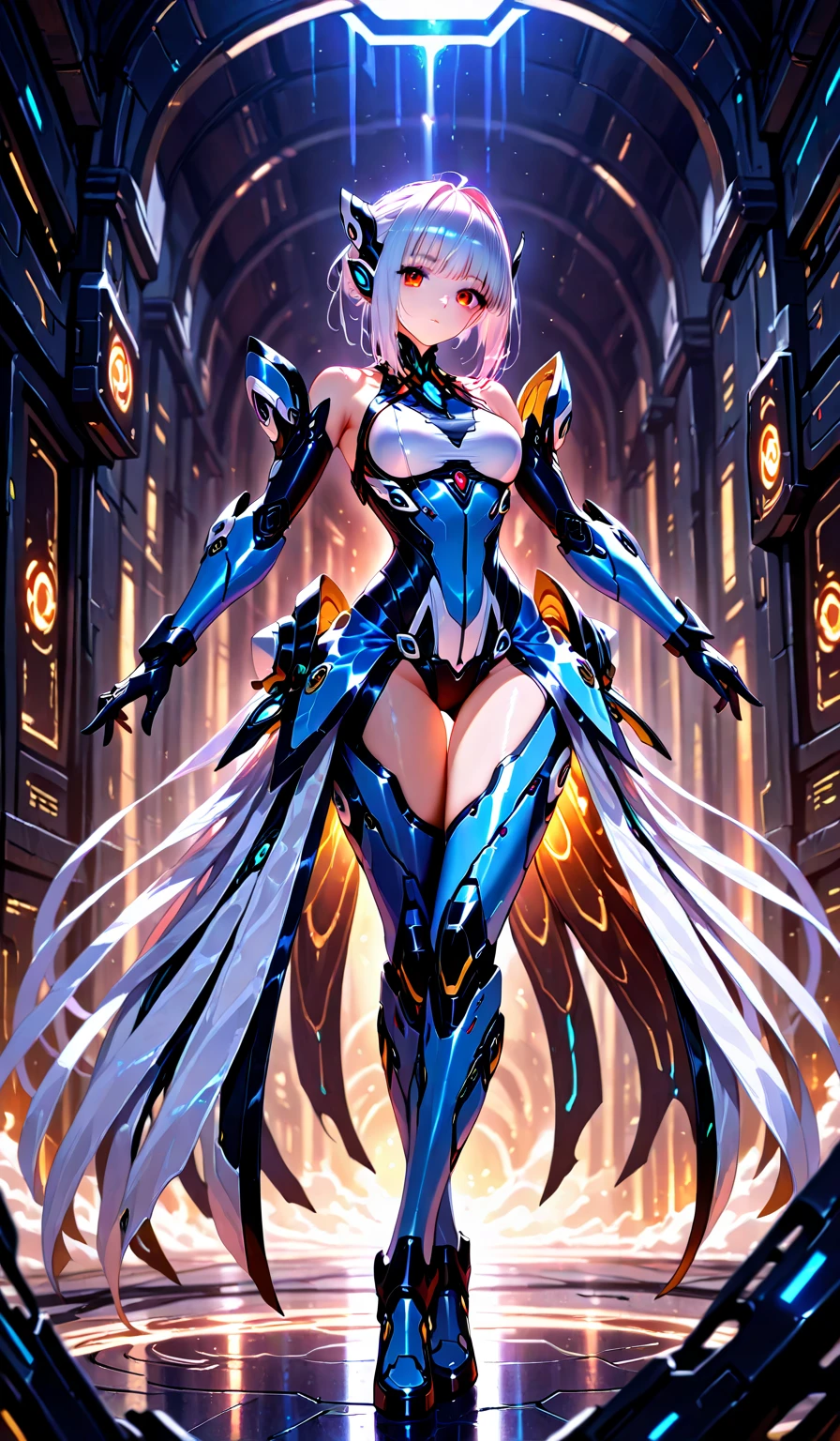 ((realistic: 1.5)),((best quality)), ((masterpiece)),((detailed)), mystical atura 6 arms, colored hair, purple aura around, celestial armor, 4 angel wings, flying from the skies, luminous colored eyes, volumetric illumination, 3 breasts, large breasts, large thigh