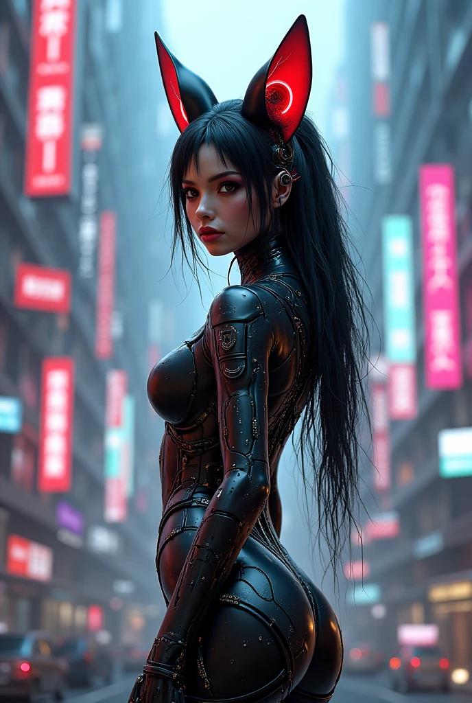 Girl Android demonic gloomy with long black hair woman with sexy hips half cyborg modification Beautiful fur with black demonic eyes stands in full height sideways black eyes Anime Style black background Cyberpunk style, black background image of night black city and blue neon lights