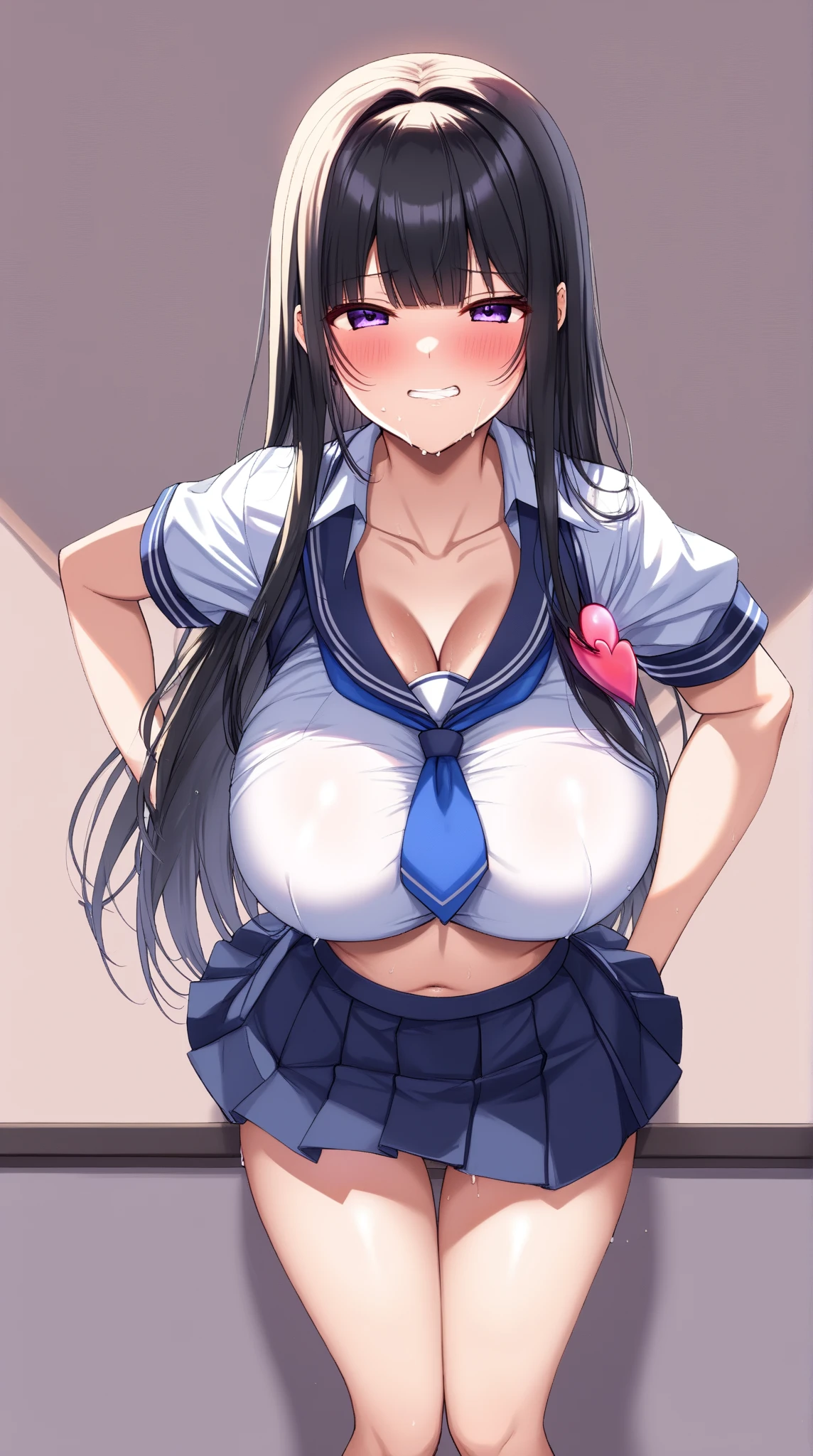 1 girl,CG,Completely naked,huge breasts, black hair, long hair, straight hair, black eyes,((high school girl、lift the skirt yourself、Panty shot)),((embarrassed face、blush)),((white background))