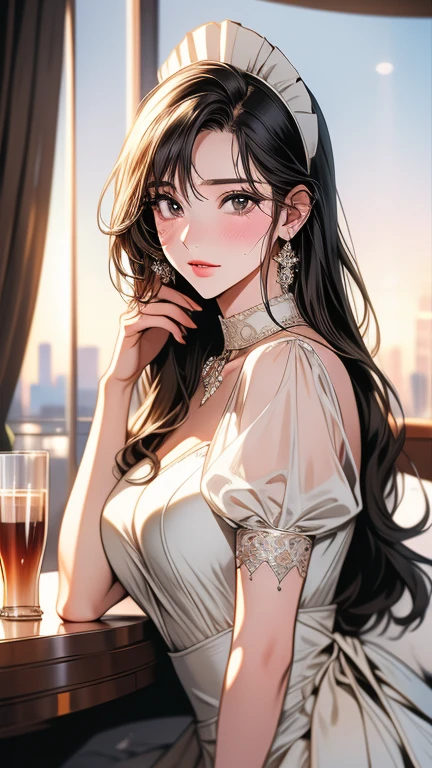 ((A sexy and beautiful woman holding a wine glass and looking at me on the terrace)), ((The cutest 22-year-old beauty)), Charming smile, ((Fireworks in the background) ), ((Very long hair) ), ((One piece with a lot of exposed parts)), ((Rich bust)), Gradient eyes, Seductive makeup, Single view, NFFSW, UHD, Retina, Masterpiece, Accurate, Anatomy Scientifically correct, textured skin, super detail, high detail, high quality, award winning, highest quality, high resolution, 1080P, HD, 4K, 8k, 16k