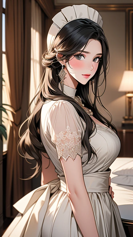 (((highest quality))),(((masterpiece))),(((detailed))),(((On High Resoluti))),(((Beautiful and beautiful work: 1.5))),(Ultra High Resoluti),(((Detailed background)))8k, RAW photo, highest quality,32K,masterpiece,hyper HD,Delicate and beautiful hair, eyes and face,((hotel room)),beautiful face,((blush, Sweat)), Clear white sk,(maid costume),(ultra detail, facial)