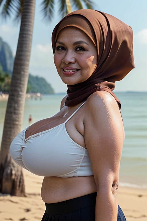 Water Splash, ((Naked Colourfull)), ((Old Lady :1.8)), (((VERY SHINY SKIN))), Very cute like a Matured Lady, ((Stylish Hijab)), adorable, 2 girl, 55 years old, baby face, shy, half body portrait,smile, (face details: 1), (eye details: 1), ((round large breasts, cleavage)). Cute posed. proportional body. Ultra High Res. (realistic: 2), UHD, ((SHINY SKIN :1.5)), ((Floral Pattern)), (Lingerie), straddling. Beach