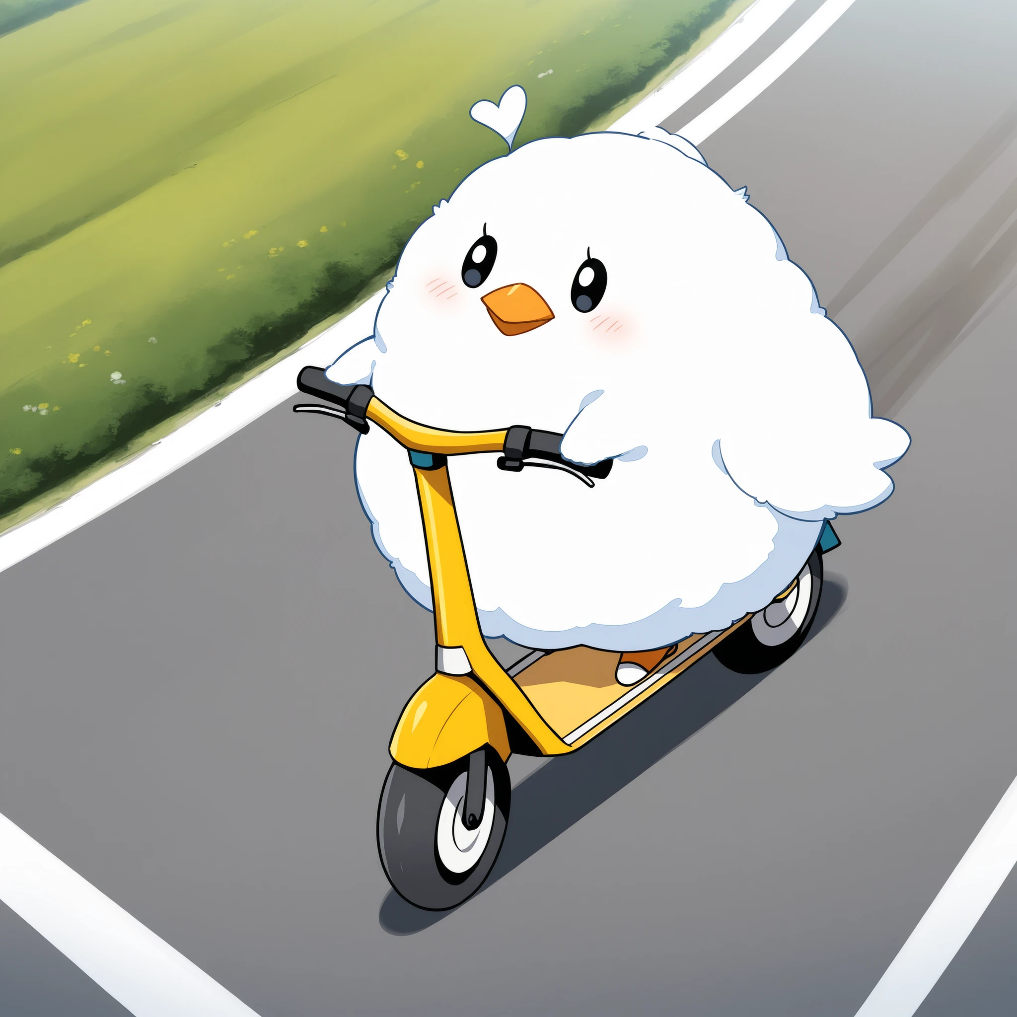 Masterpiece,Best quality, ultra detailed,Japanese Anime style, (pure white sparrow mascot) , round body, fluffy body,simple face, cute appearance, (on the kick scooter traveling along a country road),