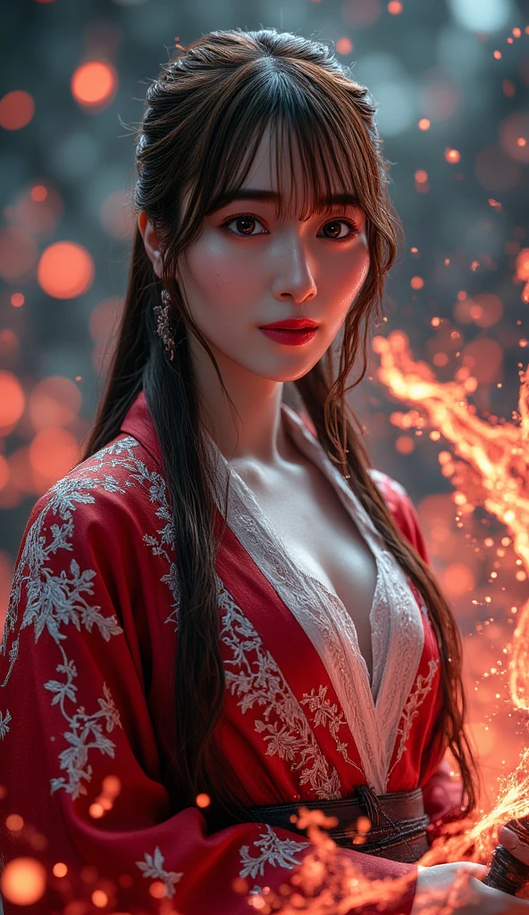 A mature woman in realistic portrait of high quality and detail, movie style, mature face, 43 years old, Geisha, white makeup, She has Japanese traditional hairstyle, traditional hairstyle-nihongami, black eyes, pale skin, asian girl, She is wearing a traditional Japanese pink kimono, blood on her clothes, medium breast, curvy, milf, mole on her face, dark fantasy, dark atmosphere, dramatic look, glow, eye shadow, 1girl, Depth & Perspective, melancholic face, fine face, She's standing in the japanese street, outdoors, snow on background, winter, night time, looking at viewer, (ultra-high detail:1.2), Masterpiece, Best Quality, Ultra-detailed, Cinematic lighting, 8K, delicate features, cinematic, 35 mm lens, f/1.9, highlight lighting, global lighting –uplight –v 4, cinematic, Cinematic lighting, 8K, high quality, Highest Quality, (Solo Focus), (extremly intricate:1.3), (Realistic), masterful, Analog style, (Film grain:1.5), (cold tone),