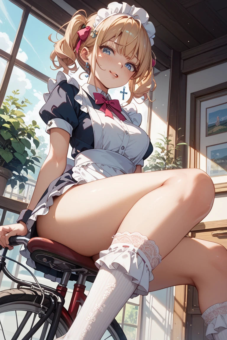 best quality,((((1girl)))),((big breasts:1.3)),curvy,((??????,blush:1.3)),angry,sweat,Djeeta_a,blonde hair, short hair, Brien eyes, ((djeeta one piece dress,mini skirt,lift skirt,???????,black kneehighs,white panties,lace panties,pussy juice:1.1)),((leaning forward,from behind))