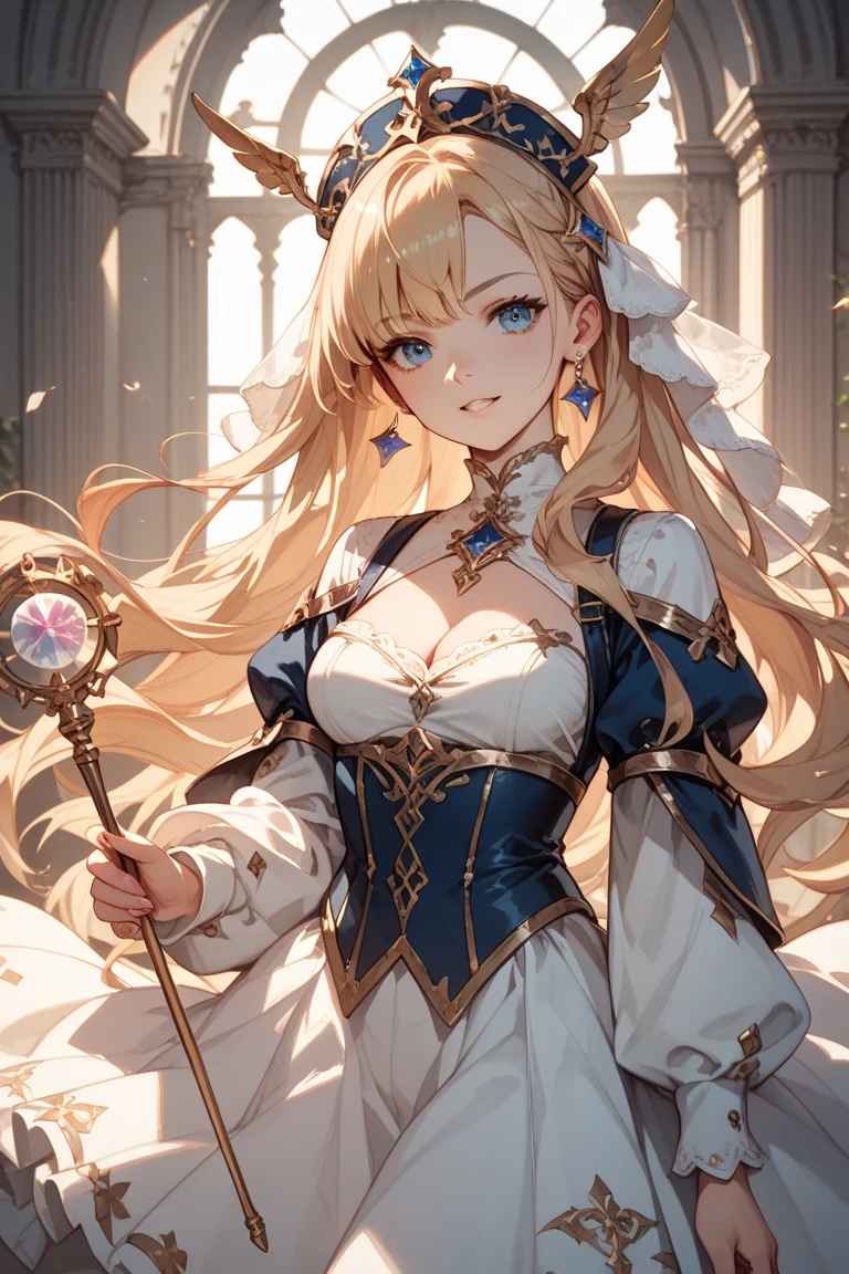 1girl, ahoge, artoria_pendragon_\(fate\), blonde_hair, blue_eyes, gloves, long_hair, looking_at_viewer, smile, solo, upper_body, braid, golden_halo, 12_angel_wings