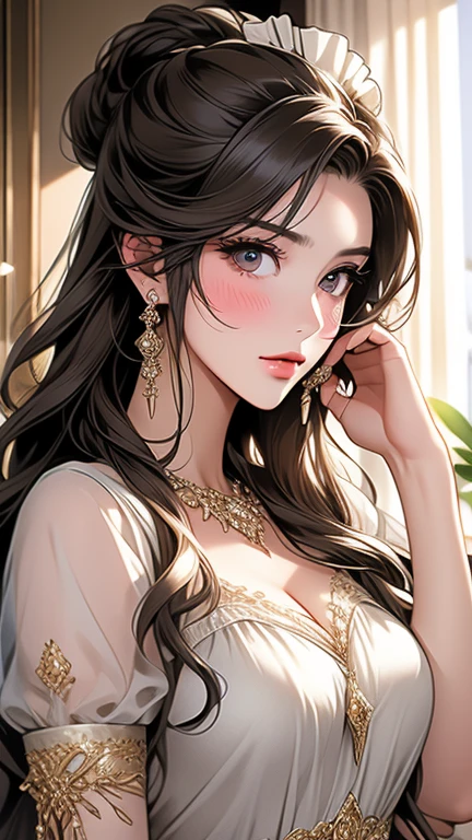full body, extreme curls hair, luxurious hair, lustful eyes, open mouth smile, aroused 25 years old, playfully aroused, dripping with desire, busty cleavage, pajamas, slim waist, posing by the bed, coy smile with open parted lips, (blushing:1.3), looking lovingly at the viewer, seductive eyes, facing the viewer, bedroom background, champagne, in love (pov), loving gesture, loving gaze, loving eyes, glowing eyes, chocker, earrings, nsfw,