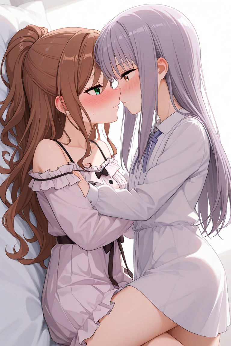 2girls,girl1:adolable,A pink-haired,Long whit hair,white stockings,robe blanche,Girl 2:adolable,A pink-haired,Long whit hair,white stockings,robe blanche。Kisses and hugs