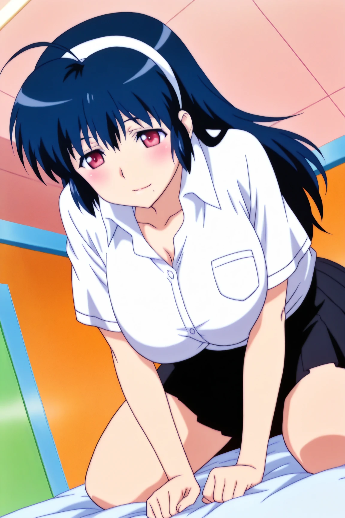 Best Quality, masutepiece, 超A high resolution, (Photorealistic: )2D official style cel animation Amagami style Ayatsuji manage Sit up Unbutton your shirt open one's legs pencil skirt girl Classroom Light blue lace bra Light blue lace panties Longhaire Straight hair knee sox lowfers low angles