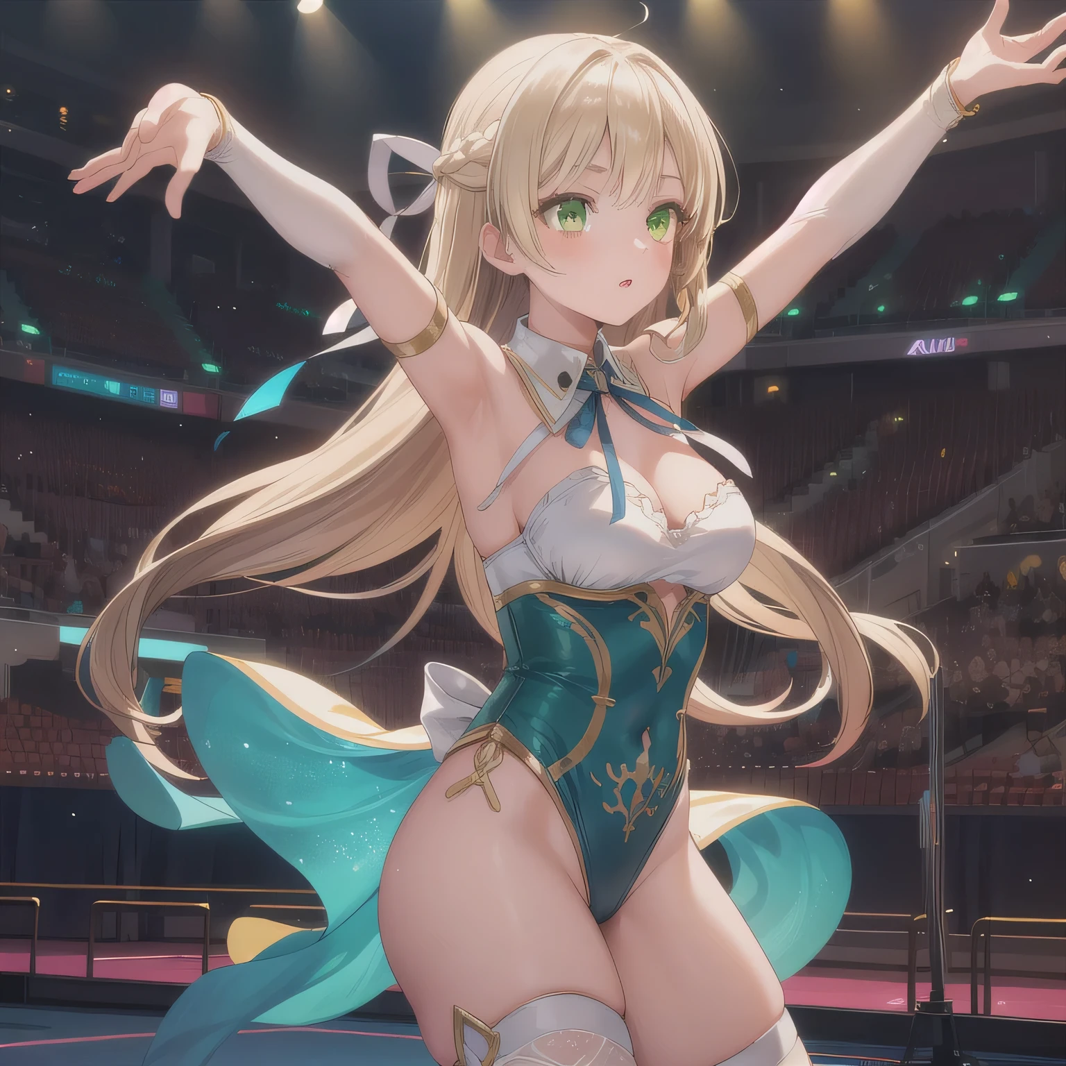 1girl, (strip dancer), super beautiful, cool, adult, medium large breast, stripping , raising her legs high, armpit, (excite the crowd from table),(from below view:1.5), (dynamic pose), (dynamic angle), perfect body, full of delight, smiling full of confidence, blushed,seductive smile, half opened mouth,(extra long hair in high pony, beautiful blonde hair), (nearly naked, Wearing a long fluttery scarf, extra micro bikini, putting on delicate high heel sandal ), ( a lot of flashy decoration), (full body shot), (focus on slim curve), on the stage of strip shed