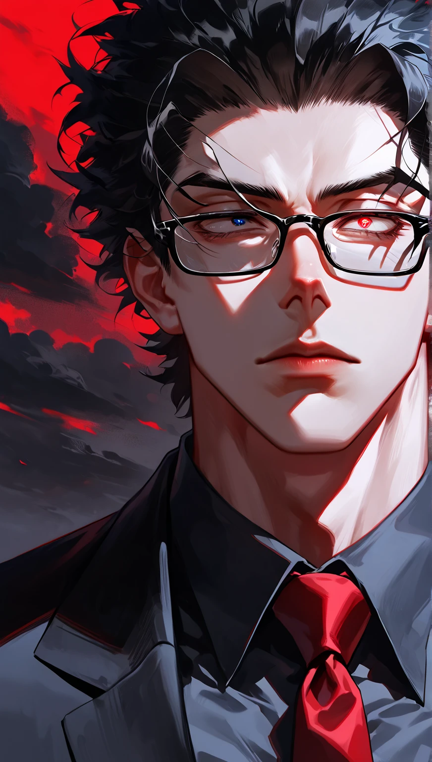Anime middle aged man in office suit with stubble who made a contract with the Demon of Absorption