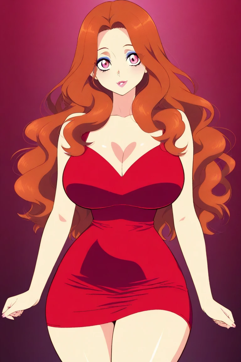 anime style tall woman, floor length red hair, the tip of the hair fades to orange and yellow, curves, a lot of chest, big hips and butt, linda, eyes in gradient from cherry to red, red to orange and orange to yellow with the fringe like Princess Ariel and wearing a suit with a top all in red 