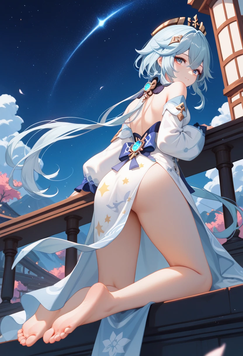  (masterpiece, best quality), 1 elven girl, ( bear whole of body, nipples),  (bare lower half of body), (light blue hair, twin tails ,very long hair is fluttering in the wind), hair between eyes, multi colored hair,hair flower ornament , bare body , closed mouth, standing, closed eyes, flower, large breast ,sky, hair flower, hair bun, blurry, from side, hands up, profile, night, floating hair, depth of field, pink rose, moon,  crescent, aqua  flower, butterfly, star (sky), night sky, starry sky, red rose, blurry foreground, planet