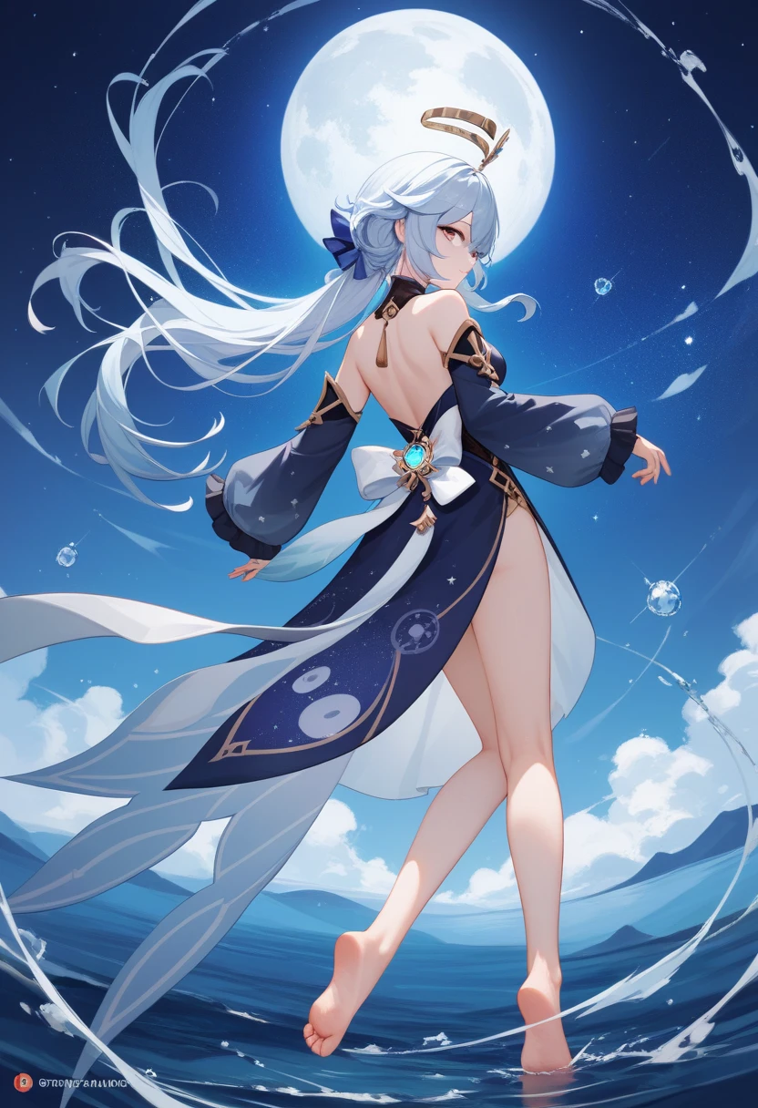 HairstyleとHair Color:
Hairstyle: long、Flowing blue hair。With silver highlights、Shining like moonlight。Hair is light and swaying in the wind。
Hair Color: Blue and silver gradation、Shining like moonlightがある。
Eye Design:
Eye color: In deep purple、There's a sparkle like stars in your eyes。まつ毛がlong、Mystical impressions。
Clothing and decoration:
tops: Lightweight chiffon blouse、Light pastel colors and floral patterns。Design that exposes shoulders and back a little。
Bottoms: A long skirt made of lightweight material。Flowing design that sways in the wind。
accessories: Moon and star motif jewelry。Star-shaped earringoon pendant around neck。Simple and elegant。
hat: Wide straw hat。Decorated with ribbons and stars。
Sandals: Lightweight and simple design。
Physical buildとposture:
Physical build: Slim and elegant、The figure is delicately feminine。Overall an elegant look。
posture: 自然で落ち着いたposture。Standing gracefully、Or walking lightly。
background:
A place rich in nature、A place where the starry sky and moonlight shine in。A little bit fantastical、Drawn to bring out the charm of Lunaris.。