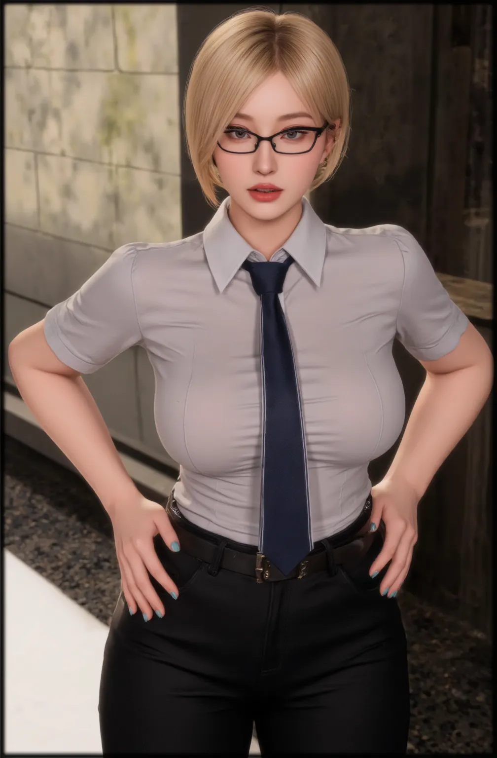 best quality, high quality, detailed, 1girl, solo, score_9, score_8_up, score_7_up, source_anime, <lora:JMccarney-SDXL-P-000007:0.8> jessicamccarney, realistic, blonde hair, short hair, lips, glasses, earrings, necklace, jewelry, formal, jacket, shirt, cleavage, collarbone, skirt, pencil skirt, standing, indoors, office, desk,