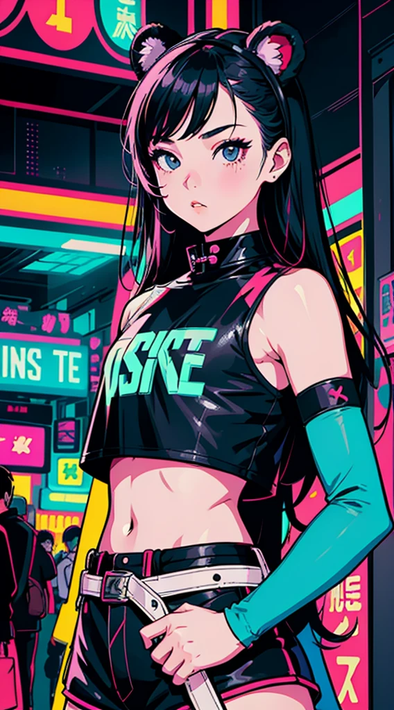 scgirls, a woman in a black shirt is playing a dj set in front of a neon background with a neon strip of blue light behind him <lora:SC_GIRLS_V1:1>