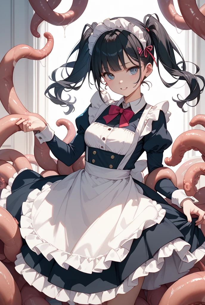 Giant girl leaning out of the sea. She wears a gothic dress, dress with ruffles. Innocent laughter. Grab and sink the ship, Wooden boat. Tentacles extending from the sea, View from the ship.