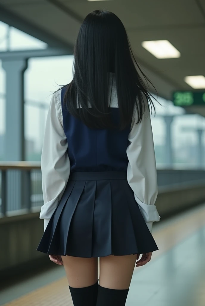 masterpiece, best quality, very aesthetic, absurdres, anime quality, people in the background 

in school hallway 

1girls, shock expression on her face, looking at viewer, standing while holding a bag, long hair with bangs, black hair, black eyes, tomboy style with uniform, side viewing the viewer