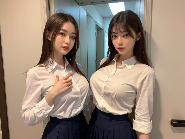 underboob wearing blazer xrop collar shirt, underboob scretary gang potrait medium shoot foto, 3girls A young tall sexy body korea female secretary, wearing crop collar shirt with black pencil skirt, secretary uniform with heels, indoor background office. and 3girls crew,medium shoot photo,huge breast, white skin. hug each other,big breast, white skin.perfect white teeth.. hug each other, proportional head body posture, realistic hair style, raw beautiful face