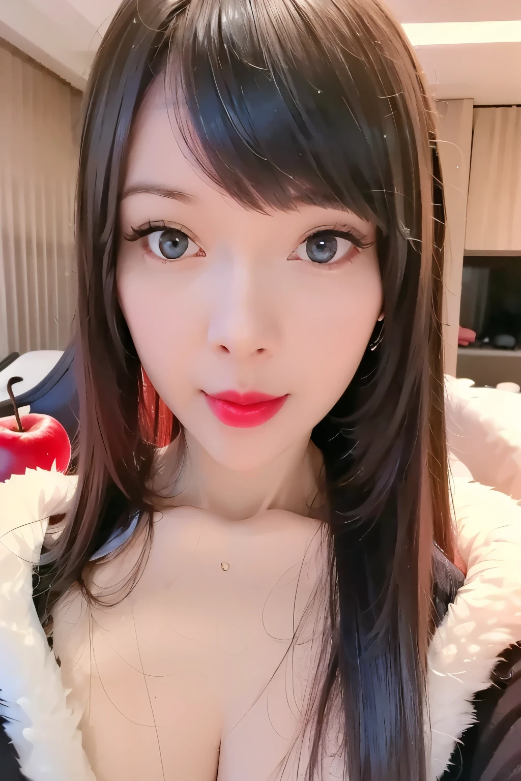(Highest quality、On the table、8k、Best image quality、Award-winning works)、(young, :1.3)、(The perfect V-neck long red sweater:1.2)、(Red eyeshadow:1.2)、Perfect Makeup、Long eyelashes、Ultra HD Shining Eyes、Ultra HD Hair、Ultra-high resolutionのグロッシーな唇、Ultra-high resolution perfect teeth、Ultra HD cute face、Brown Hair、(Very short straight hair:1.1)、Look at me and smile、[clavicle]、Accurate anatomy、Luxury Love Hotel、(The most atmospheric warm light:1.2)、Blurred Background、With bangs、Ultra-high resolution, Shiny, Moisturized face、Ultra-high resolutionの輝く肌、The most delicate face、Ultra-high resolution detailed face、Ultra-high resolutionの髪、Ultra-high resolutionの光る目、Beautiful face with detailed expression、Ultra-high resolutionのShiny赤い唇、Big Breasts、Split、Fashion Necklace、white camisole