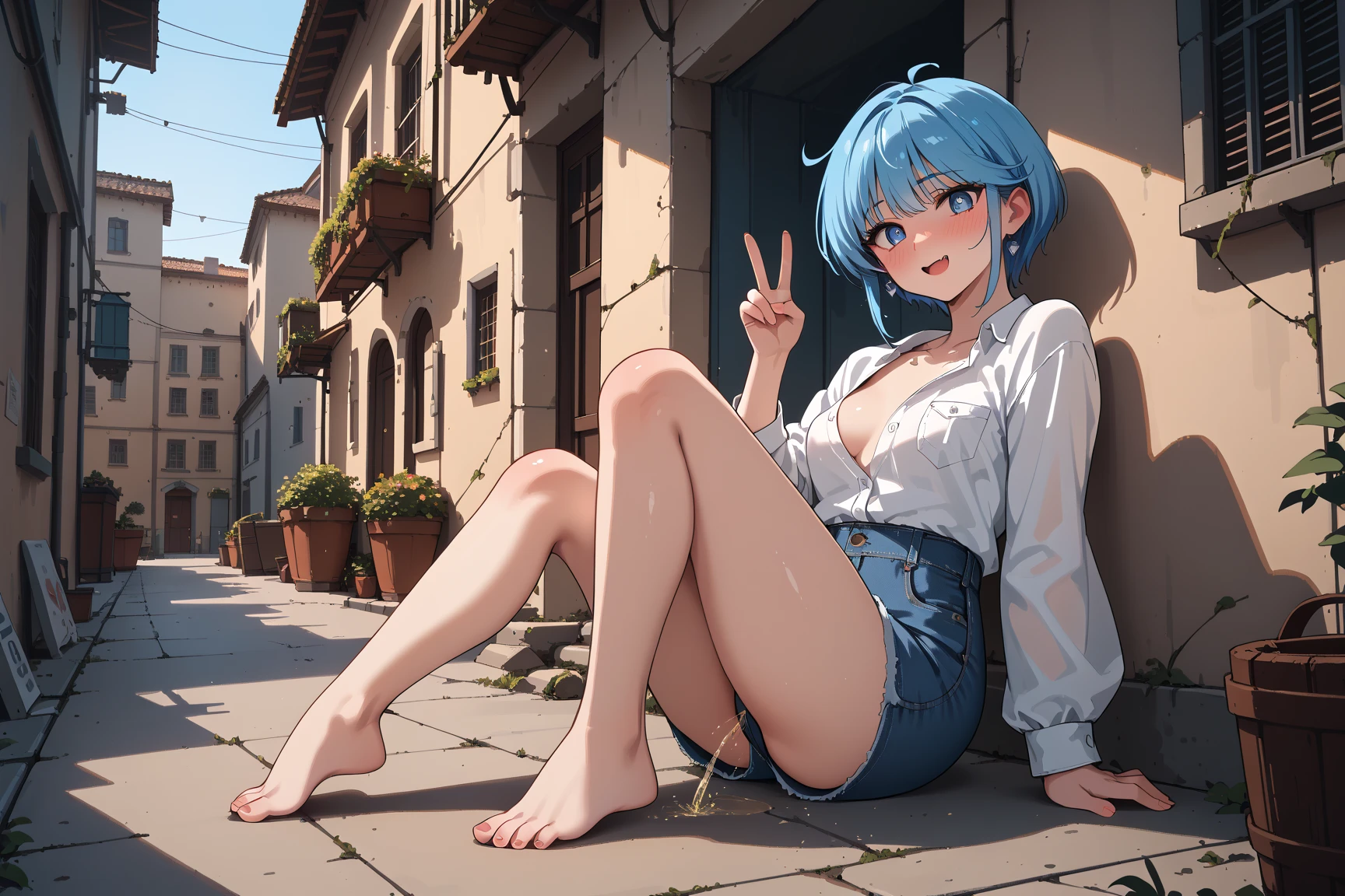 kiriko overwatch , thighs, full body, high heels , nude , wide hips, green hair, medium tits, sitting, pussy, white jacket