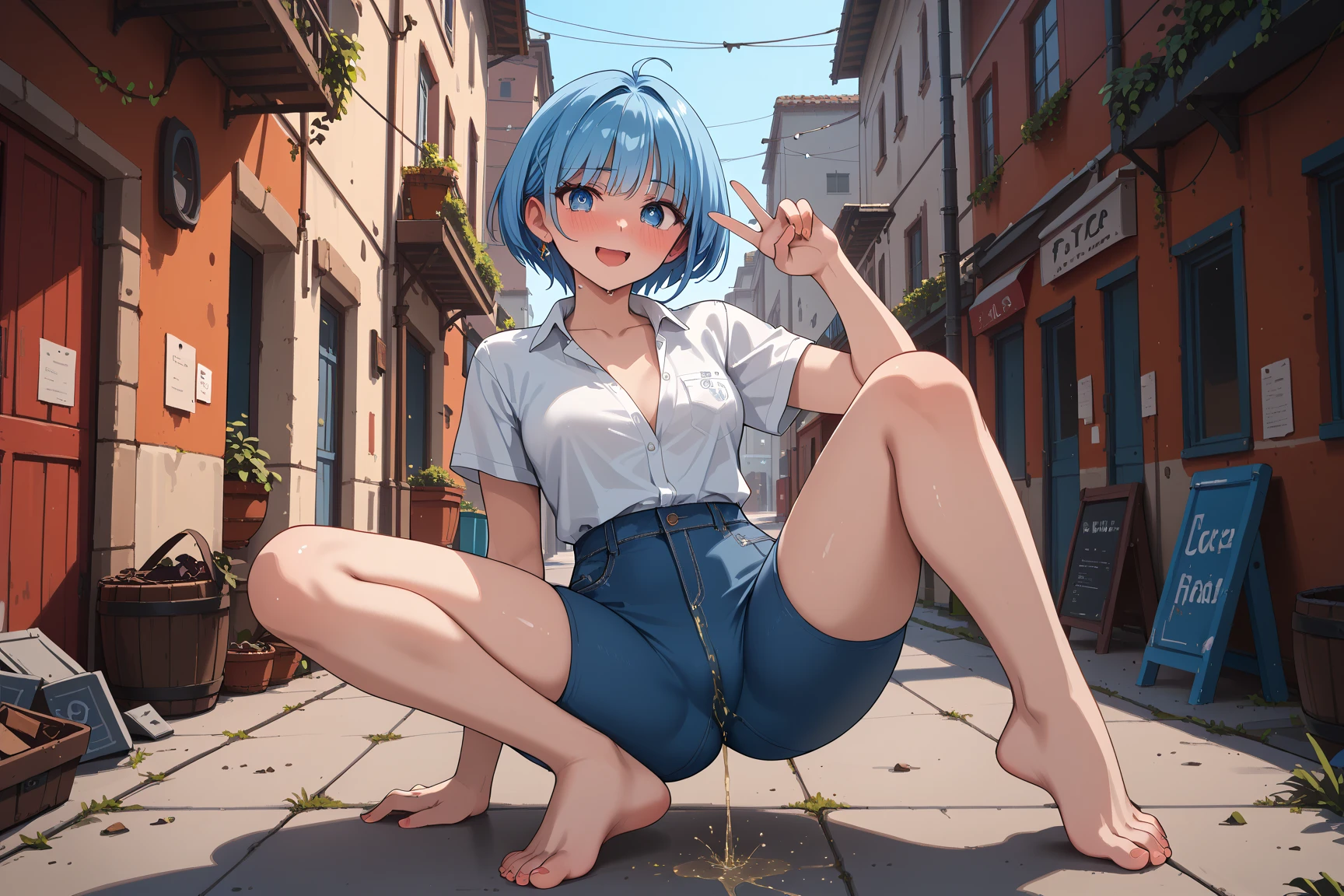 high details, high resolution, (from below:1.2), beautiful young girl walking, action scene, dynamic, wearing very short cropped shirt, wearing very short miniskirt, naked pussy, show naked pussy, pink and blue hair, short hair, blue eyes, mouth closed, excited, smiling, open wide legs, bright day, morning light