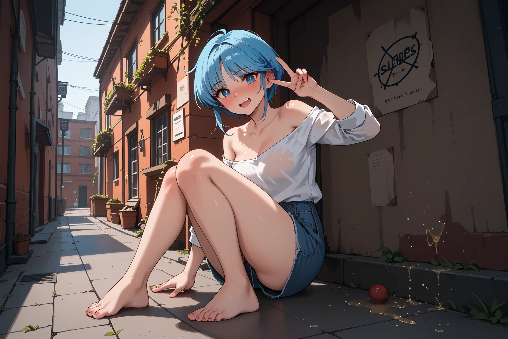 highest quality, expressive eyes, perfect face, 1 girl、Evangelion、rei ayanami、shortcut、summer、Cumulonimbus cloud、On a white T-shirt、shorts、barefoot、full body portrait、