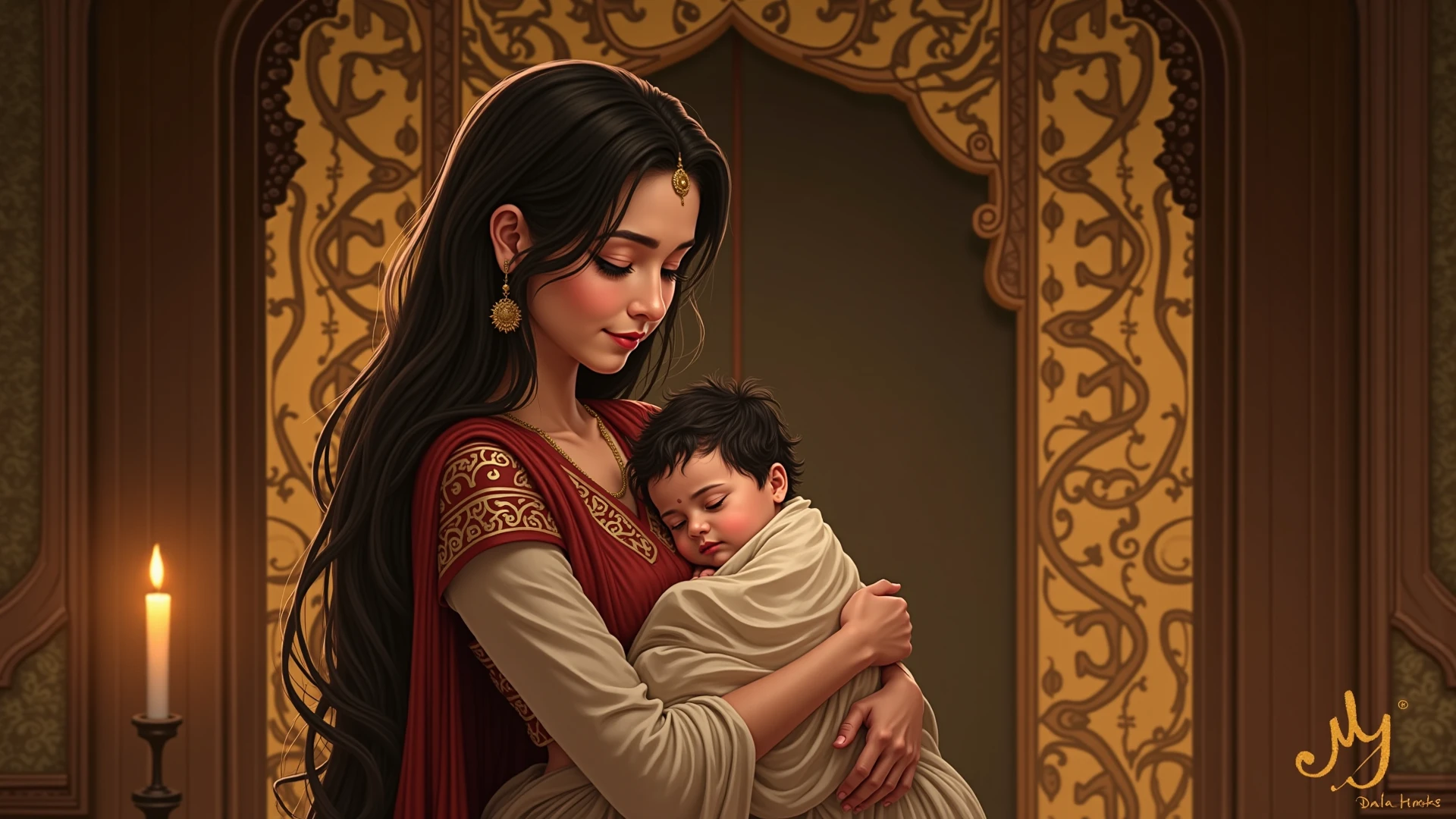 A beautiful brunette lady in a long red dress and white veil. Looking with motherly love at an Indian