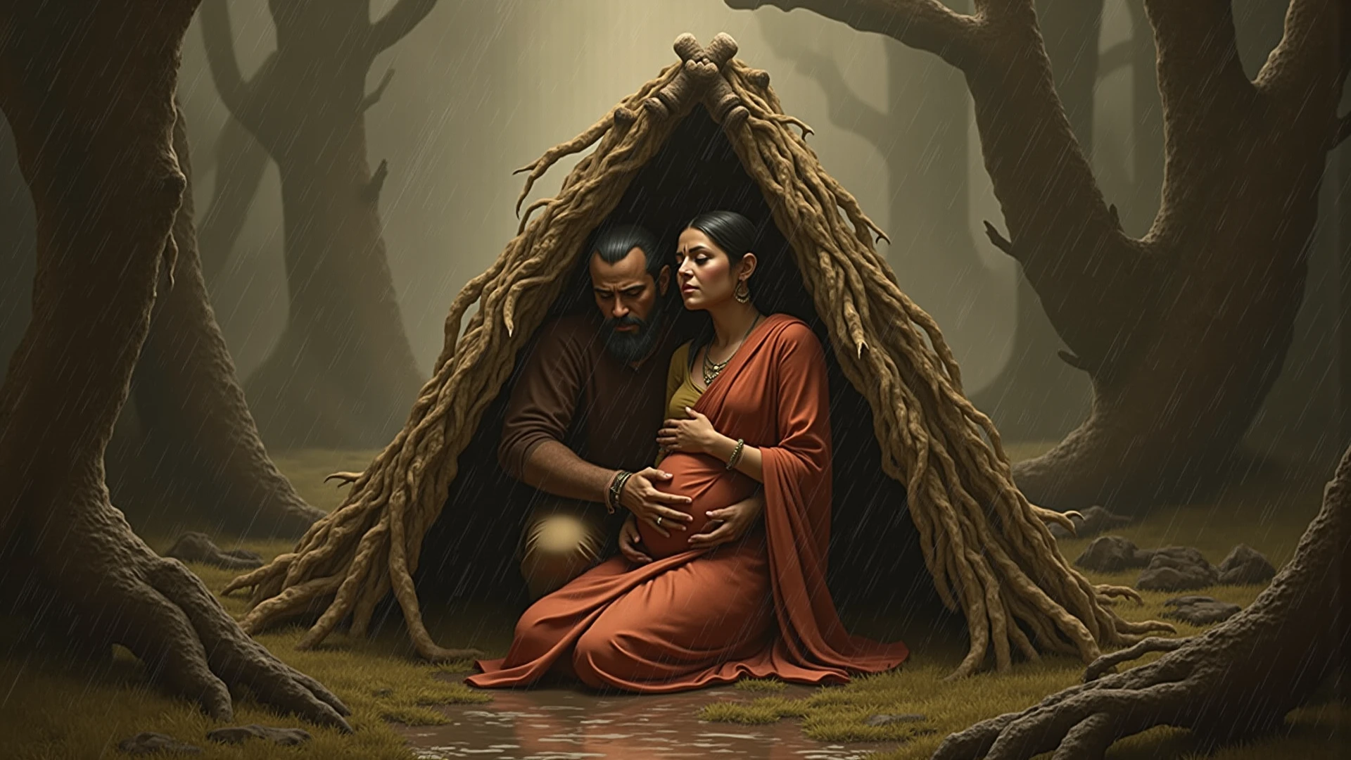 "A dimly lit, ancient prison cell with stone walls and iron bars. Devaki and Vasudeva are seated on the cold, rough floor, both dressed in simple royal attire. Devaki is heavily pregnant, and Vasudeva looks worried yet determined. The cell is sparse, with chains hanging from the walls. There is a sense of tension and sorrow in the air, with shadows cast by a single flickering torch on the wall."