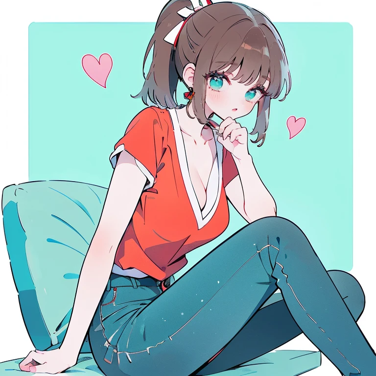 score_9, score_8_up, tied-up cropped shirt, slim jeans, high-top sneakers, small breasts, two-tone hair (brown hair, black tip)), curly hair, halo, sunglasses, jewelry, red eyes, longeyelashes, red eyes, smile, shy, blush, pose, large breasts