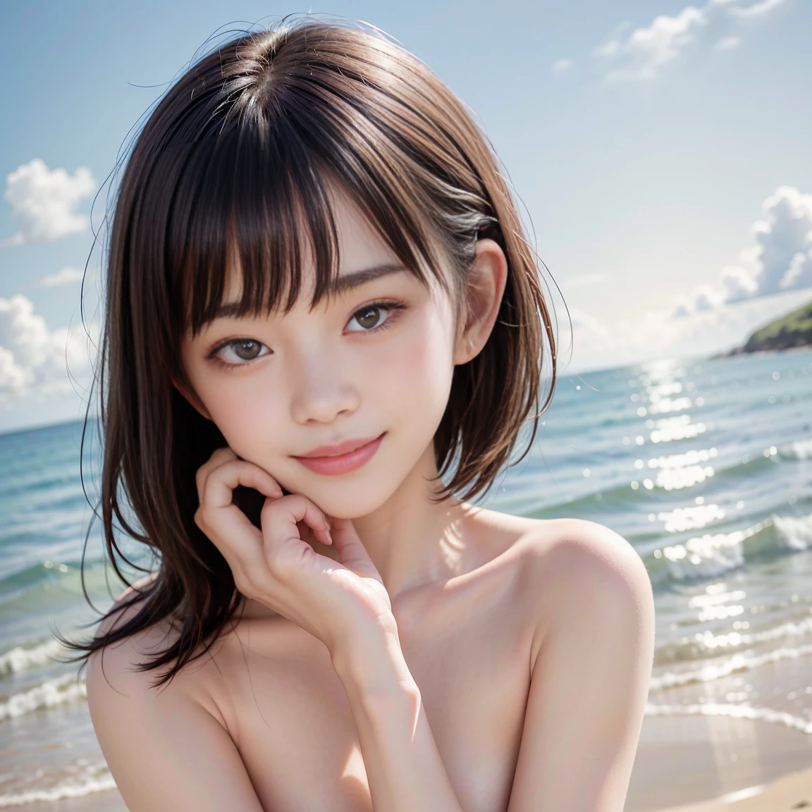 One Girl Russia Flat Chest Small breasts slender coastal Night Sky star (Brown Skin:2)(Completely naked) (Girl sitting:2) Wet body (Sad face:1.5) (stick out tongue:2) whole body beauty High resolution High precision (Black Hair:2) Detailed skin blue eyes Detailed face smile (Bobcut) Trim your bangs