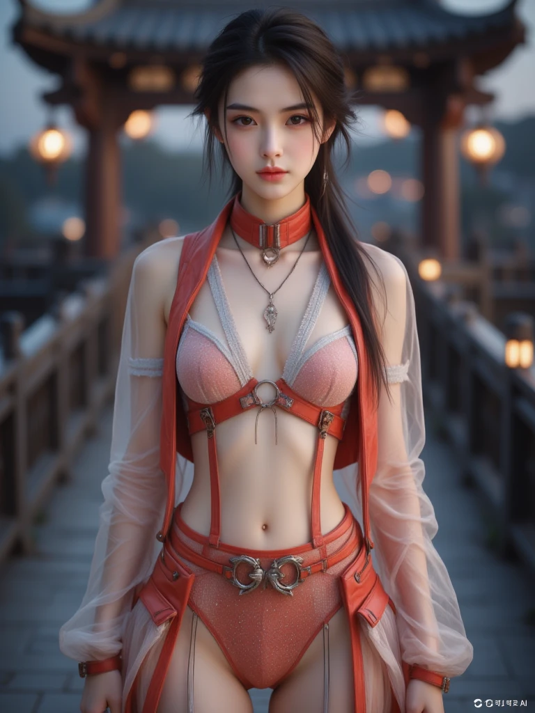 (RAW photo, best quality), Cute girl with short black hair, (ponytail), (city roof at night background), low light , dark eyeliner, happy smile, gorgeous face , super cute, 18 years old , young looking, hyper detailed face, dark eyeliner, (medium breast), (thin waist, super slender), (bare shoulders, (exposed hips), skintight and red PVC deep v dress with yellow dragon decoration and vivid patterns, deep black leather thigh high boots, red PVC arm sleeves with yellow flower decorations and vivid patterns, cleavage, ((both hands on waist)), one leg in front of the other