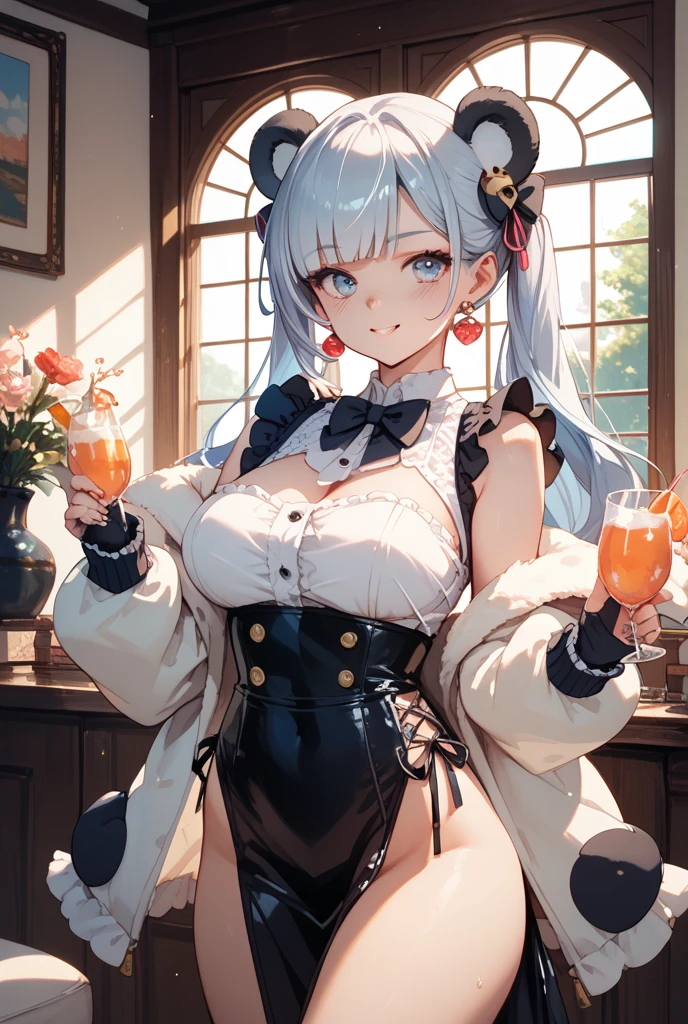 funkpop drink milk looking adorable. Milk splashes. Japanese street style. Holding a cup of milk. White milk splashes. Large breasts. Puzzle pieces and heart motifs