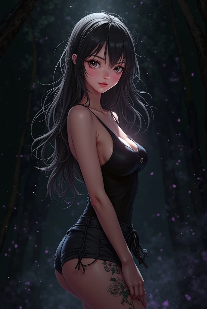 1girl, gothic, nature, sexy, big breasts, Clitoral contour，luminescent, pale skin, black hair, standing, thong, shirt, arms up, adjusting hair, midriff, cameltoe, smile, thigh gap, starry night, garden, outside, blossoms, blue glowing butterflies, Concept Art Twilight Style , Pony Diffusion, concept art, realistic, Expressive, Gothgirl,sexy,nude
