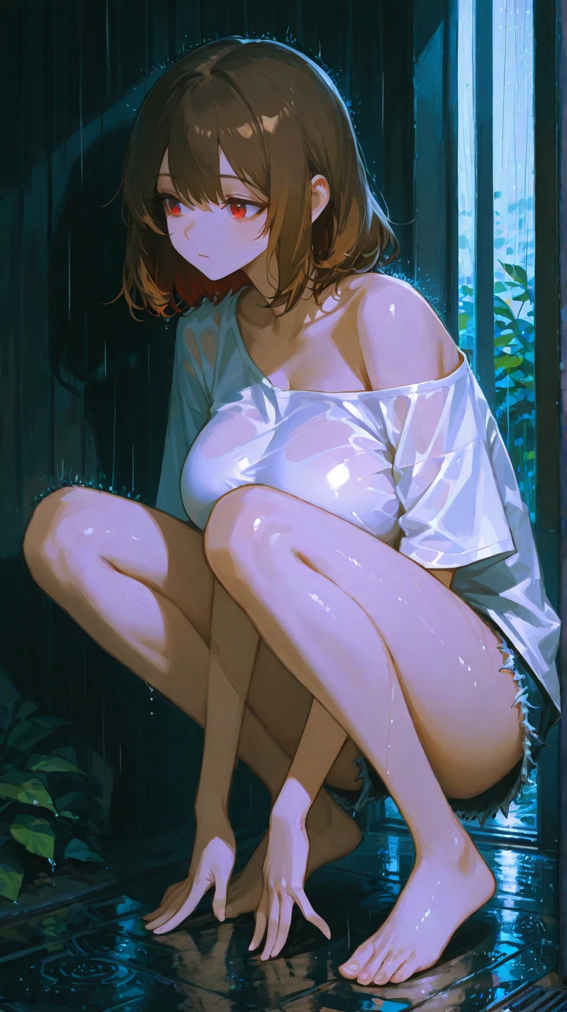 Beautiful young slim girl, bottomless, wet, wet hair, wet clothes, wet thighs, squirting, pussy juice, pussy juice splash, pussy juice puddle, masterpiece