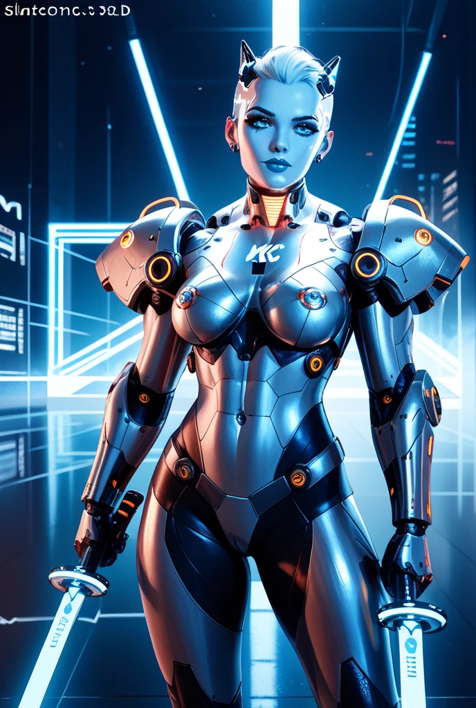complex 3d render ultra detailed of a beautiful porcelain profile woman android face, cyborg, robotic parts, ((rimmed cybernetic metal horns:1.5)) straight horns going upwards, 150 mm, beautiful studio soft light, ((large mechanical arms:1.6)) rim light, ((gigantic breasts:1.5)) vibrant details, luxurious cyberpunk, lace, ((glowing blue eyes:1.9)), (puffy lips:1.5), hyperrealistic, anatomical, facial muscles, cable electric wires, (metallic abs:1.2)microchip, elegant, beautiful background, (detailed face:1.4), (puffy lips:1.4), octane render, H. R. Giger style, 8k, best quality, masterpiece, illustration, an extremely delicate and beautiful, extremely detailed ,CG ,unity ,wallpaper, (realistic, photo-realistic:1.37),Amazing, finely detail, masterpiece,best quality,official art, extremely detailed CG unity 8k wallpaper, absurdres, incredibly absurdres, robot, silver halmet, full body