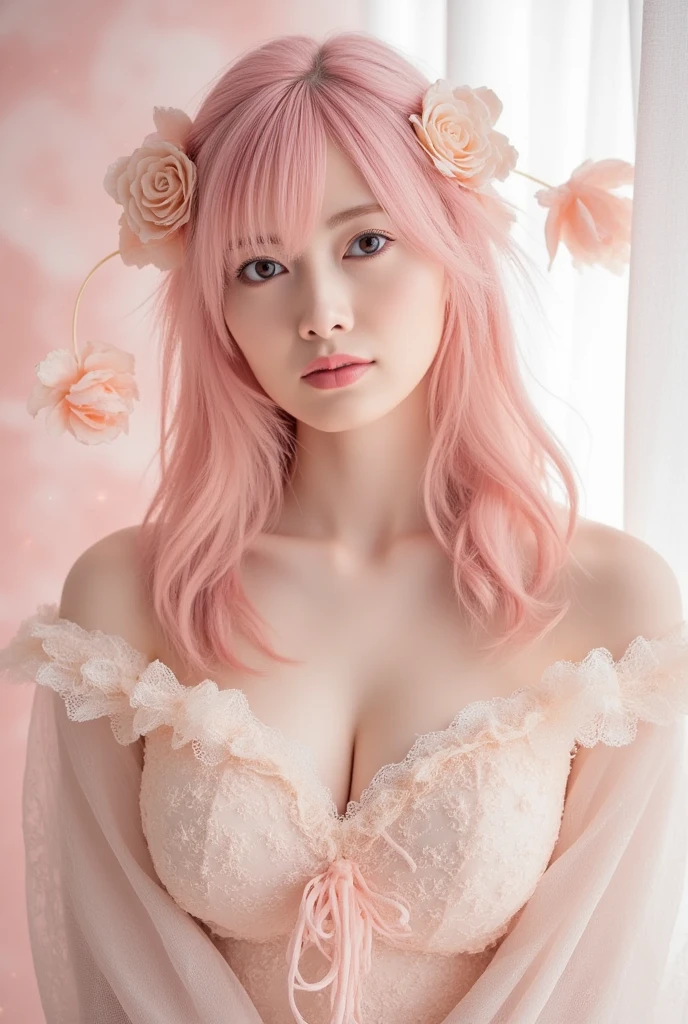 light pink hair, pink eyes, in Pink and white, Cherry blossom leaves, bright colors, white lingerie, paint splatter, simple background, Ray tracing, curls